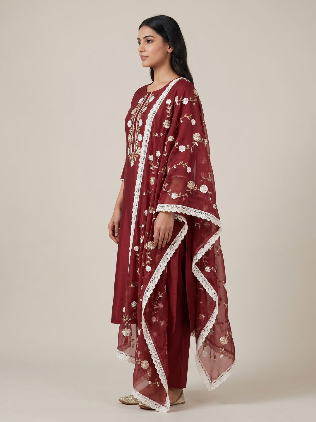 Maroon Floral Sequins Embroidery With Handwork Cotton Silk Dress Material - Image 2