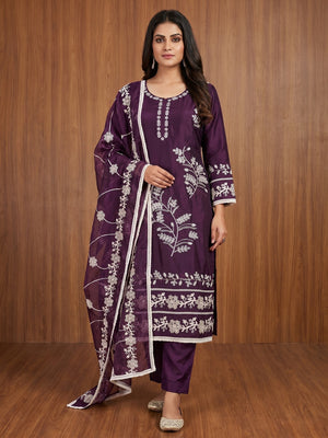 Purple Floral Sequins Embroidery With Handwork Cotton Silk Dress Material - Image 1