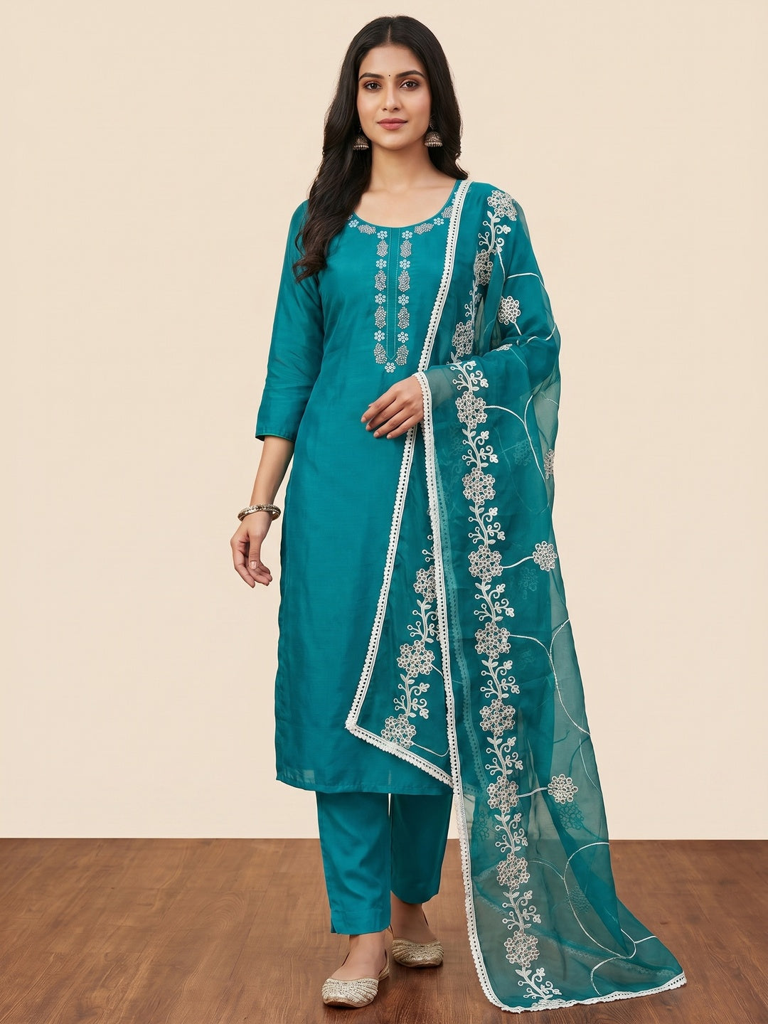 Rama Blue Floral Sequins Embroidery With Handwork Cotton Silk Dress Material - Image 1