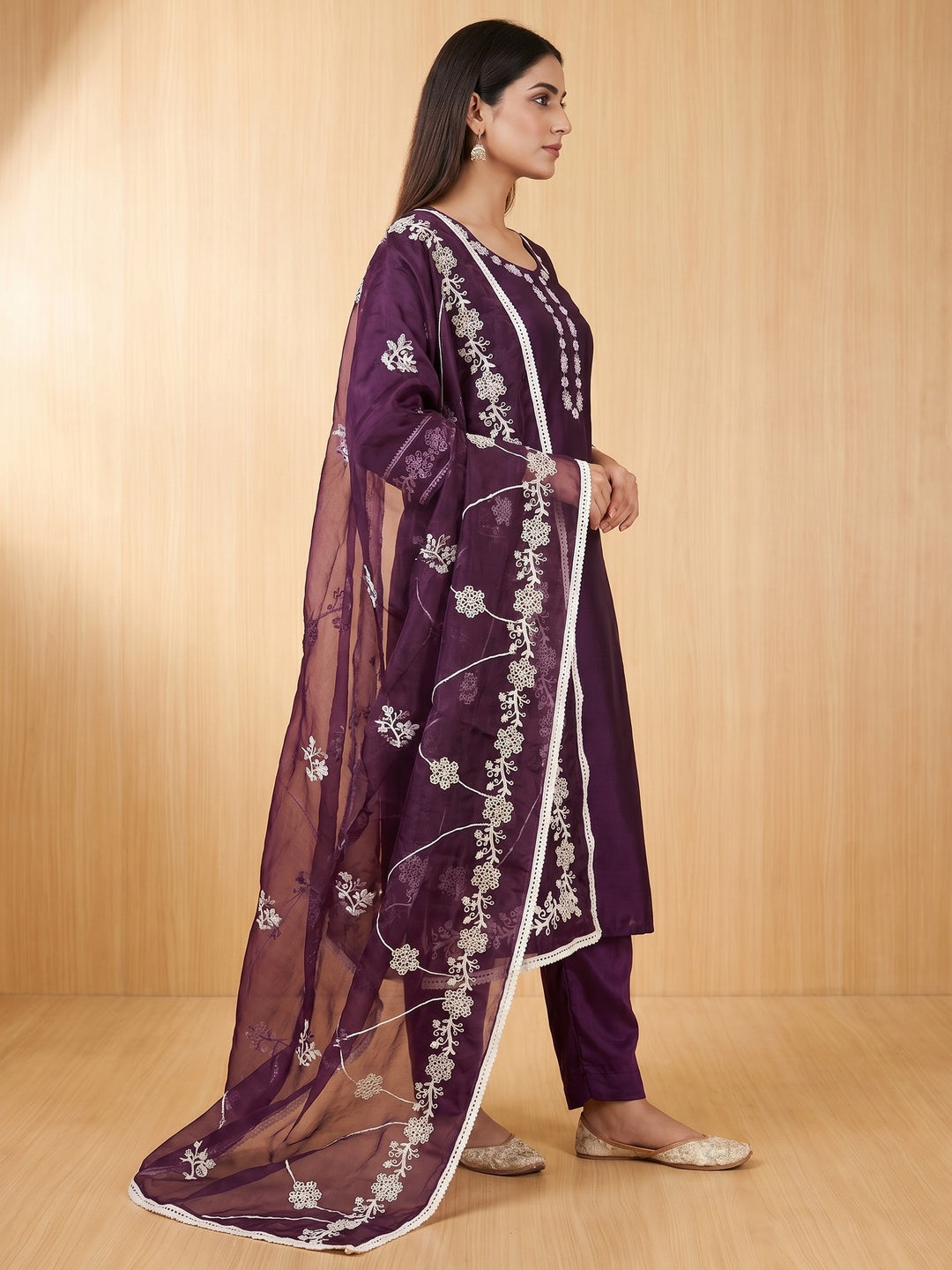 Purple Floral Sequins Embroidery With Handwork Cotton Silk Dress Material - Image 2