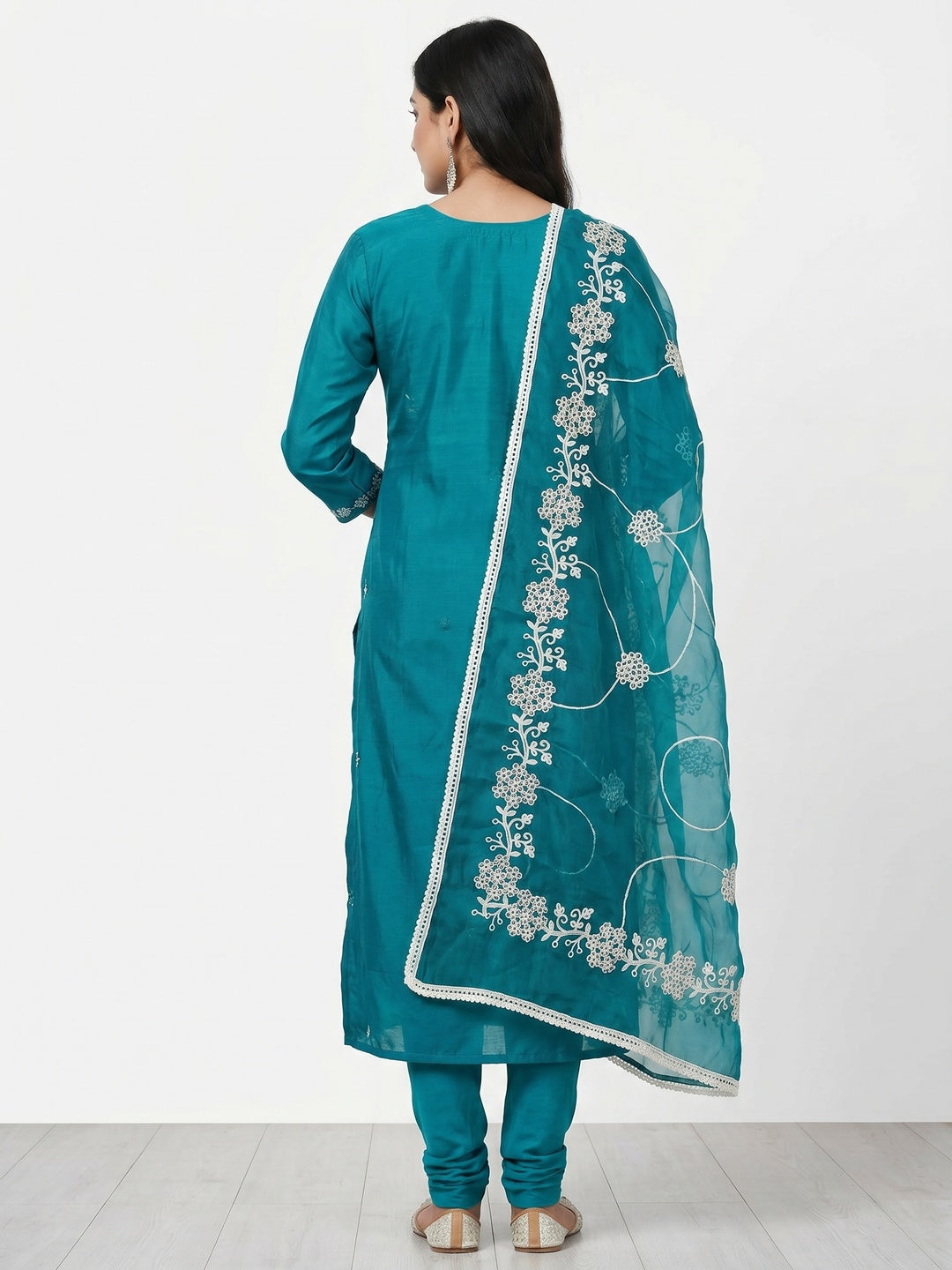 Rama Blue Floral Sequins Embroidery With Handwork Cotton Silk Dress Material - Image 2