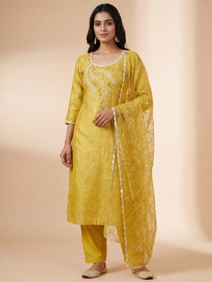 Yellow Woven With Handwork Shimmer Banarasi Silk Material Material - Image 1