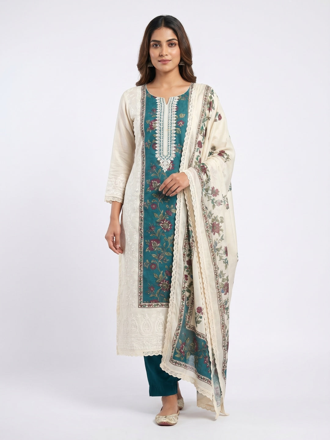 Offwhite & Morpich Floral Embroidery With Printed Roman Cotton Silk Material Material - Image 1