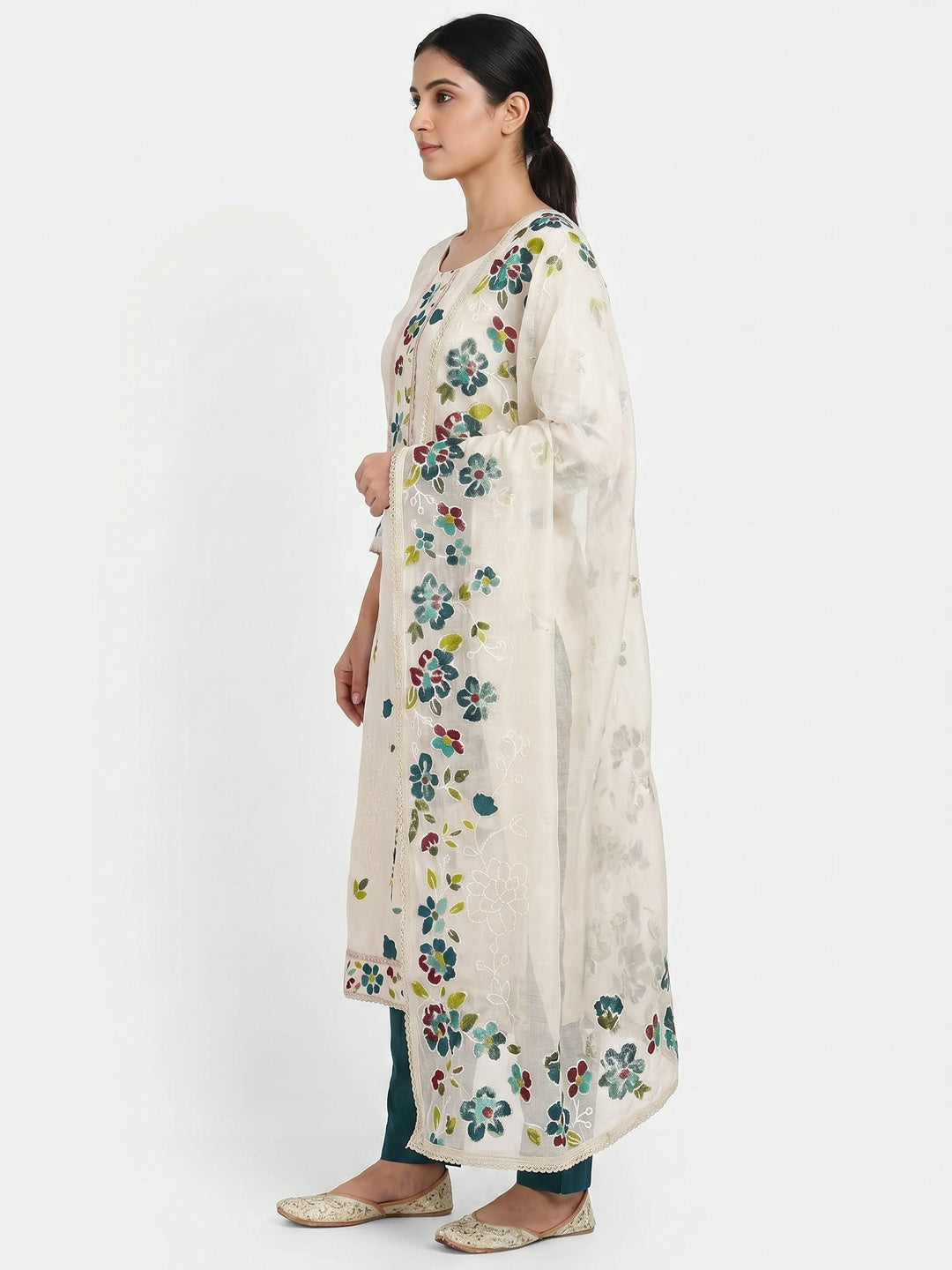 Offwhite & Morpich Floral Embroidery With Printed Roman Cotton Silk Material Material - Image 2