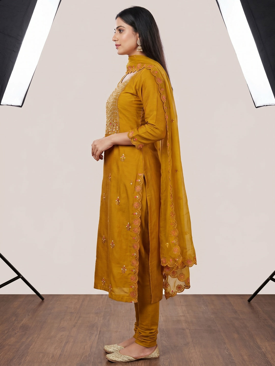 Mustard Floral Embroidery With Handwork Roman Cotton Silk Material Material - Image 2
