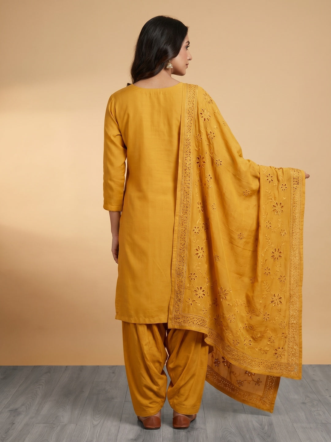Mustard Floral Embroidery With Handwork Roman Cotton Silk Material Material - Image 3