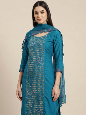 Blue Floral Embroidery With Handwork Roman Cotton Silk Material Material - Image 1