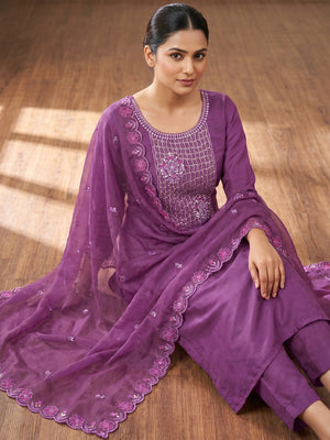 Purple Floral Embroidery With Handwork Roman Cotton Silk Material Material - Image 1