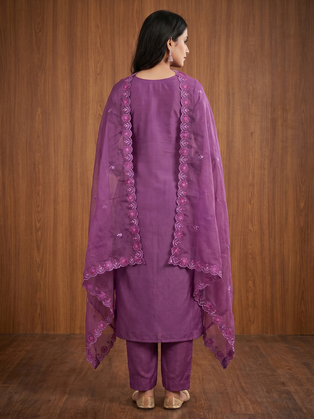 Purple Floral Embroidery With Handwork Roman Cotton Silk Material Material - Image 3