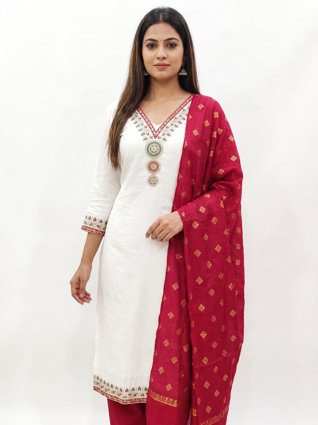 White Embroidered Viscose Dress Material - Image 1