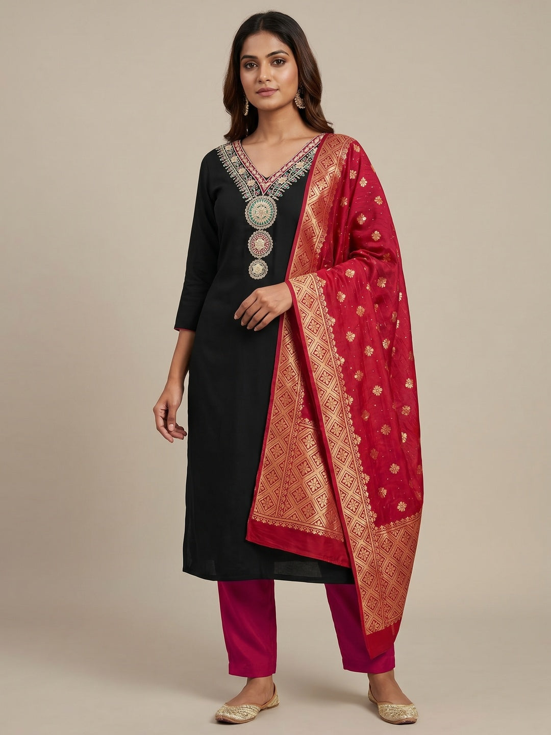 Black Embroidered Viscose Dress Material - Image 1