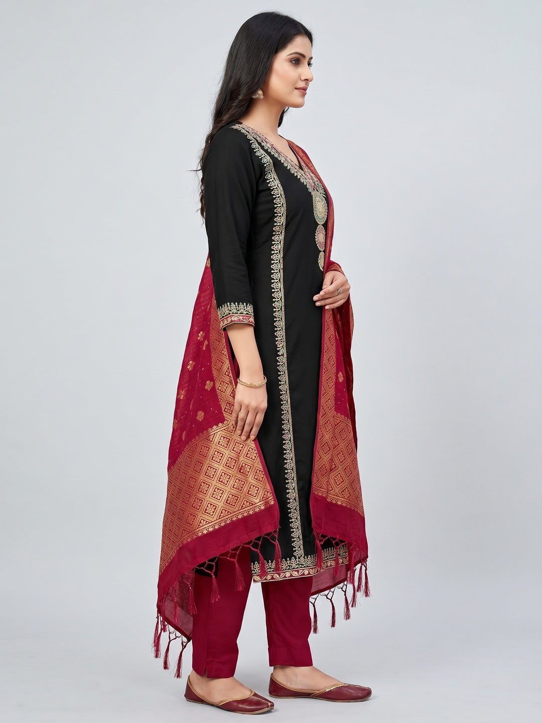 Black Embroidered Viscose Dress Material - Image 3