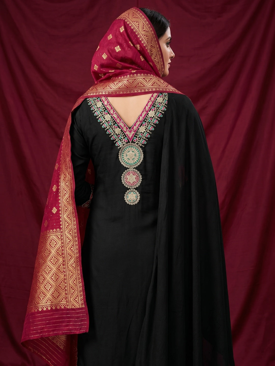 Black Embroidered Viscose Dress Material - Image 2