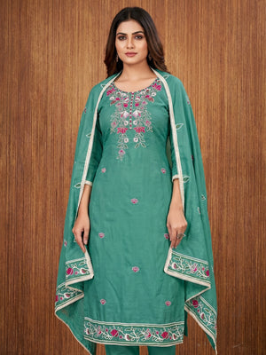 Rama Green Floral Embroidered Cotton Blend Dress Material - Image 1