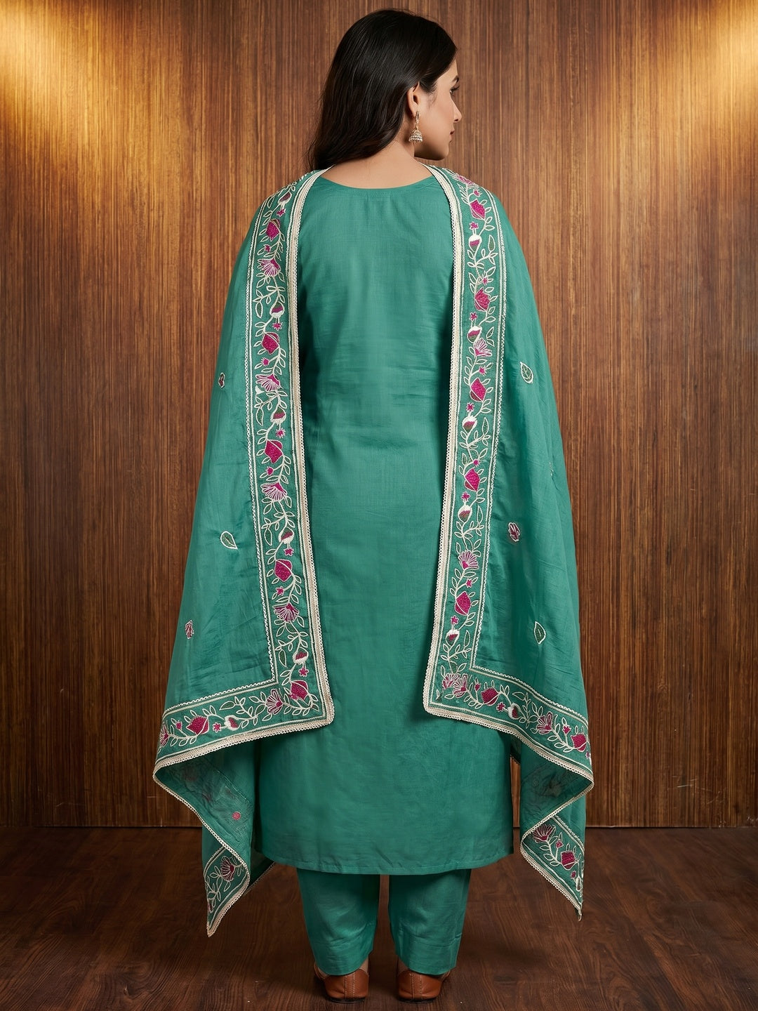 Rama Green Floral Embroidered Cotton Blend Dress Material - Image 3