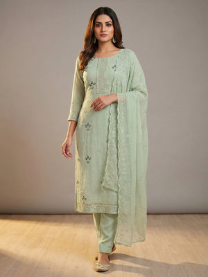 Pista Green Floral Sequins Embroidered Georgette Dress Material - Image 1