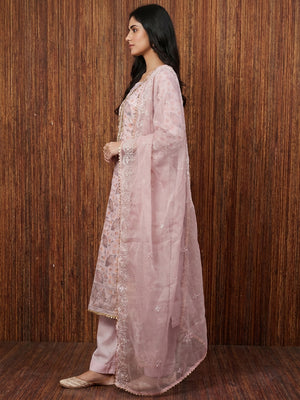 Light Pink Floral Embroidered With Handwork Organza Dress Material - Image 1