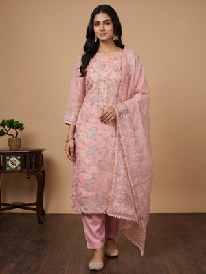Pink Floral Embroidered With Handwork Organza Dress Material - Image 1