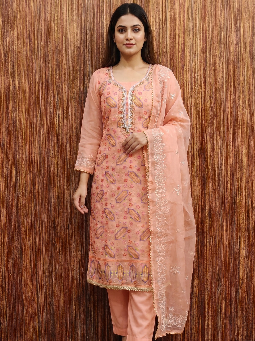 Peach Floral Embroidered With Handwork Organza Dress Material - Image 1