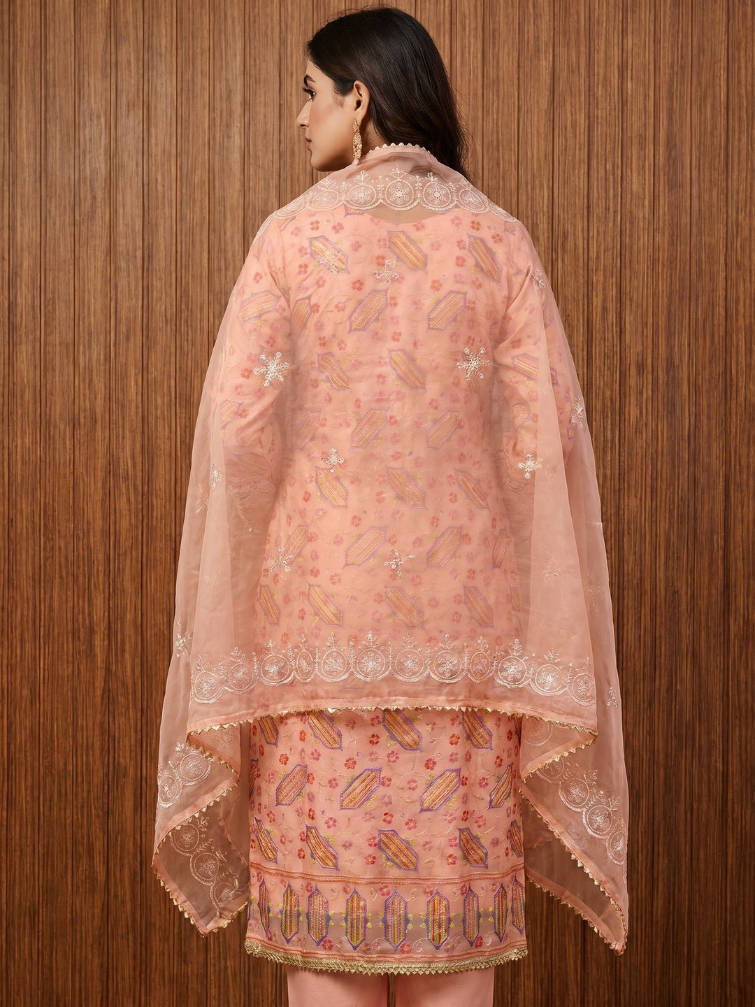 Peach Floral Embroidered With Handwork Organza Dress Material - Image 3
