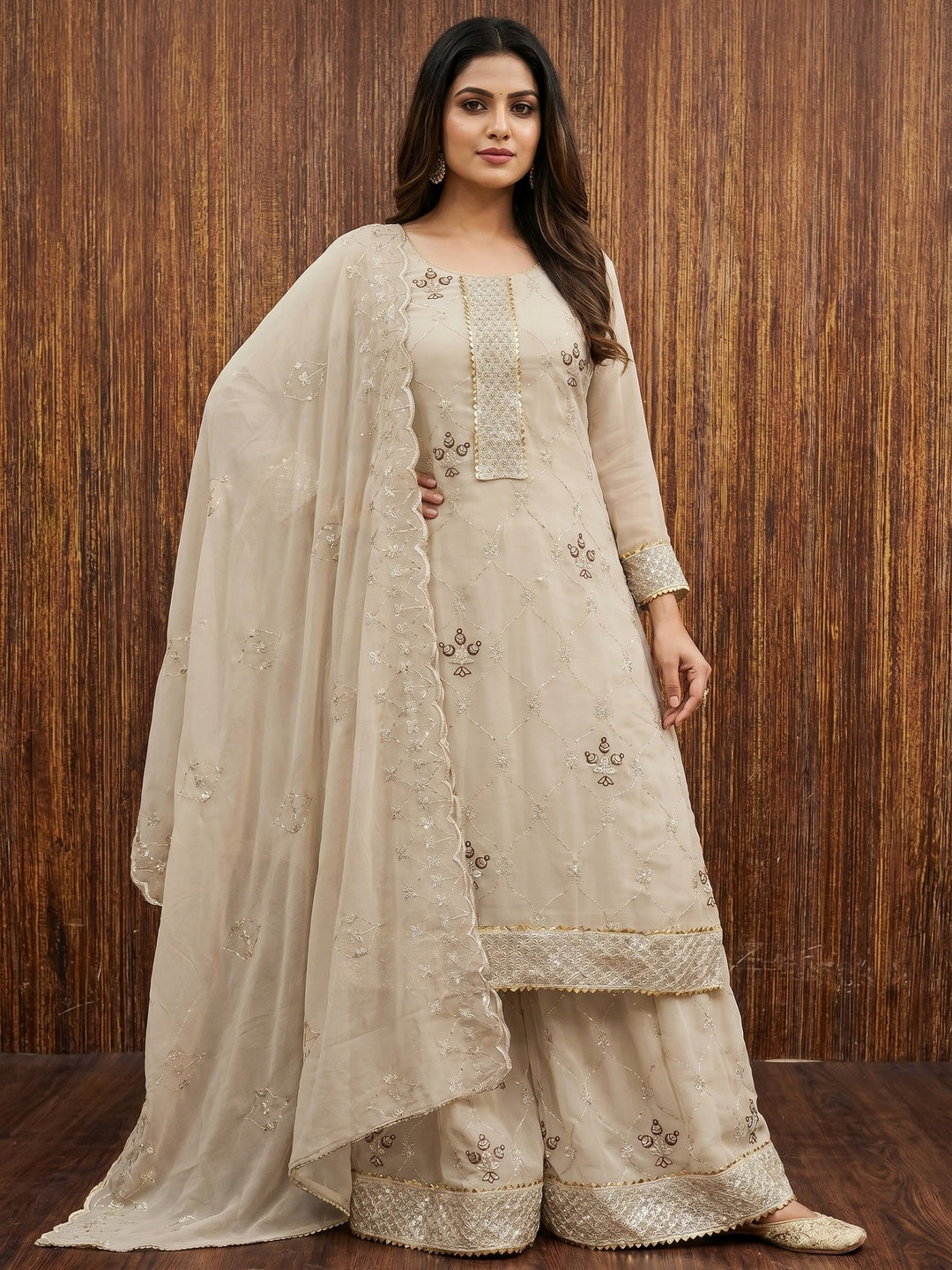 Beige Floral Sequins Embroidered Georgette Dress Material - Image 1