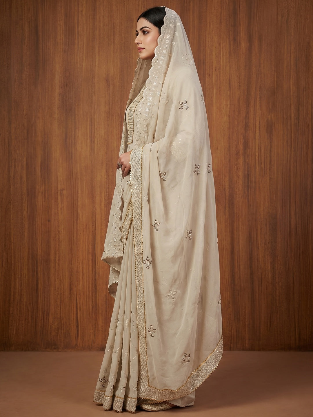 Beige Floral Sequins Embroidered Georgette Dress Material - Image 2