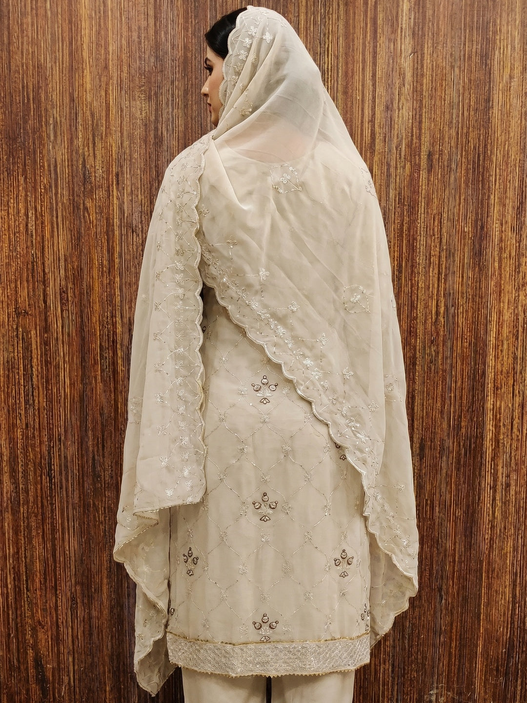 Beige Floral Sequins Embroidered Georgette Dress Material - Image 3