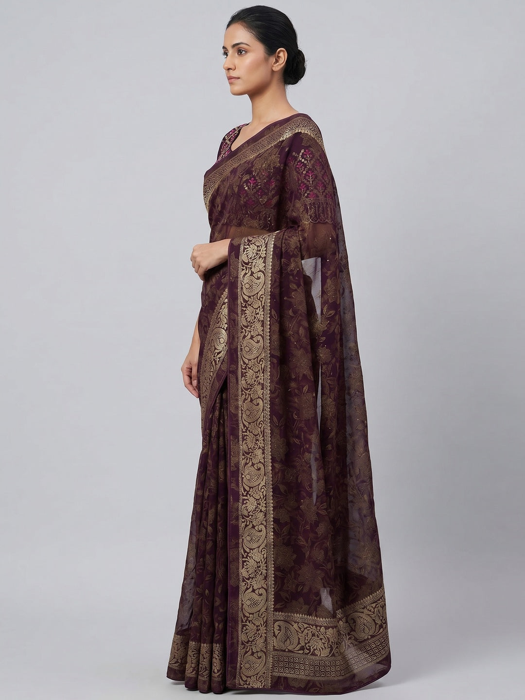 Wine Floral Foil Printed Georgette Saree With Tassels - Image 2