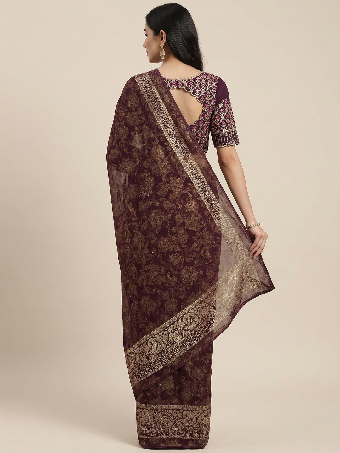 Wine Floral Foil Printed Georgette Saree With Tassels - Image 3