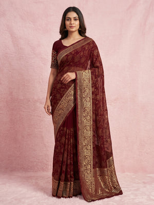 Maroon Floral Foil Printed Georgette Saree With Tassels - Image 1