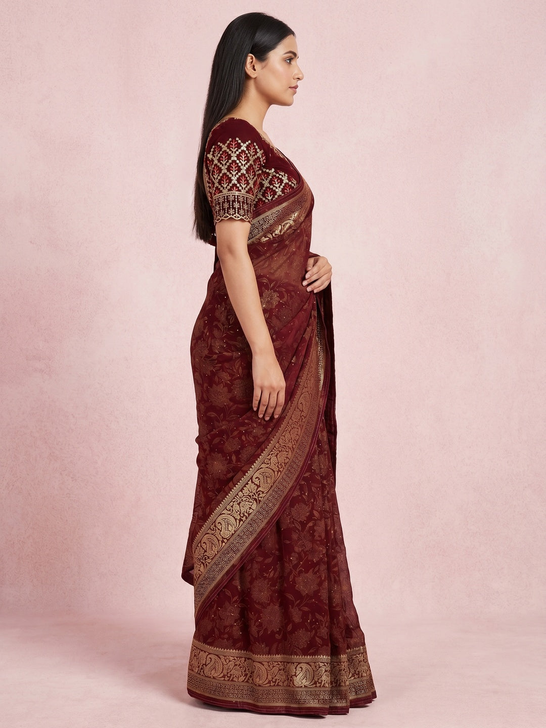 Maroon Floral Foil Printed Georgette Saree With Tassels - Image 3