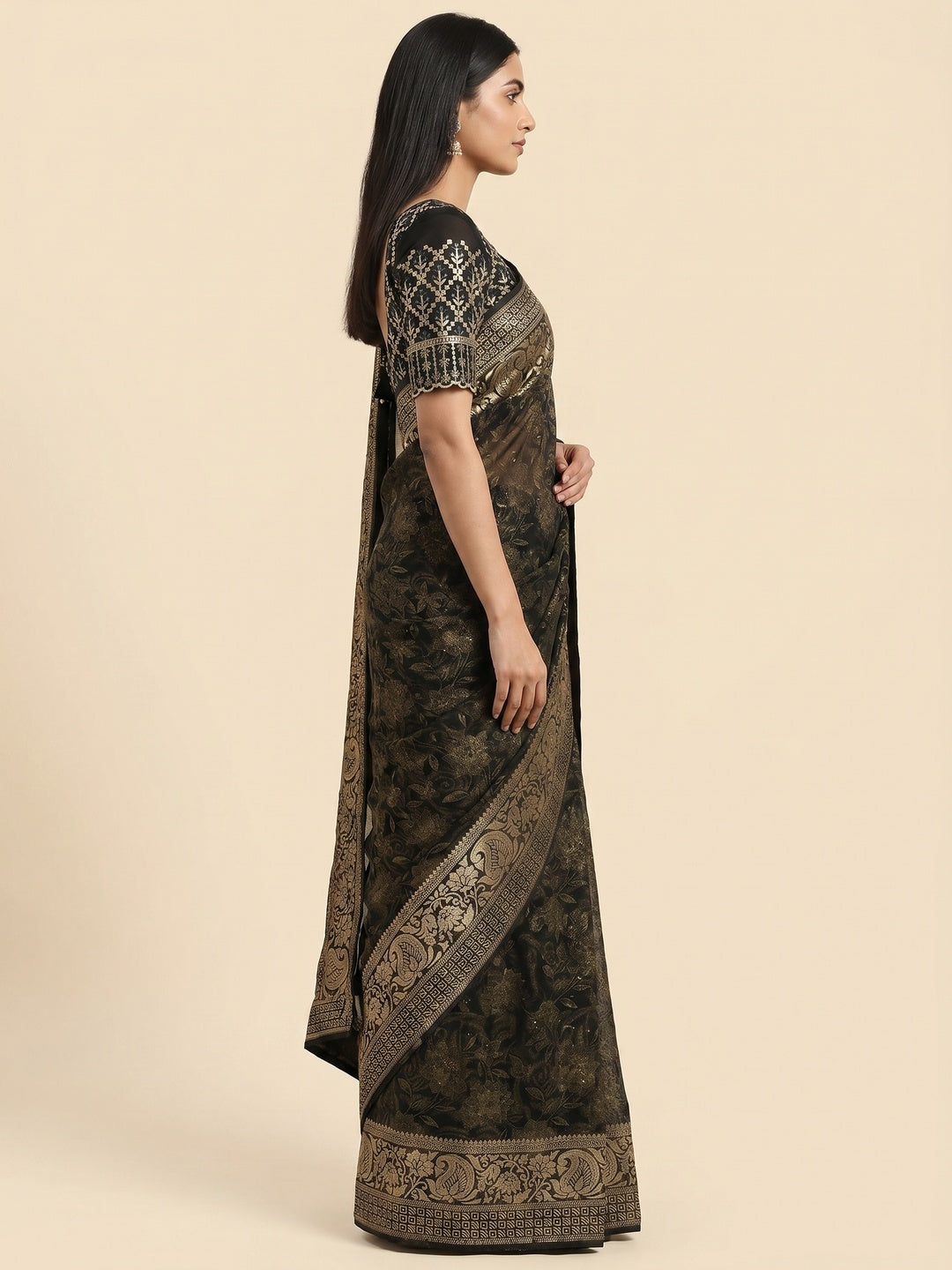 Black Floral Foil Printed Georgette Saree With Tassels - Image 2