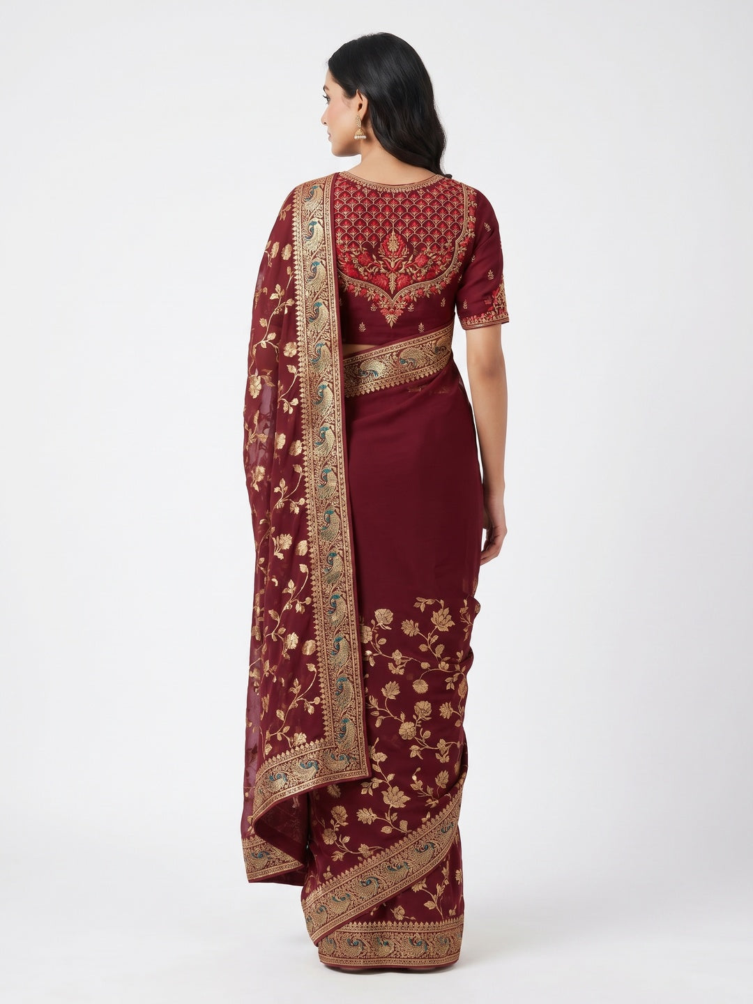 Maroon Floral Foil Printed Georgette Saree With Tassels - Image 2