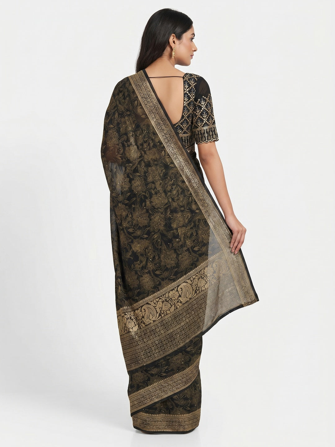 Black Floral Foil Printed Georgette Saree With Tassels - Image 3