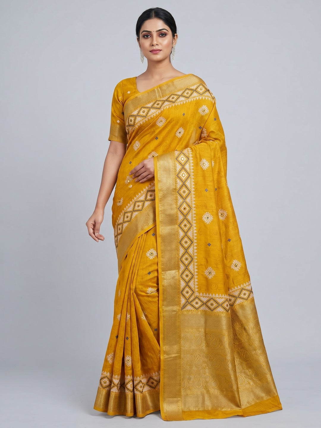 Mustard Printed With Mirror Work Crepe Saree With Tassels - Image 1