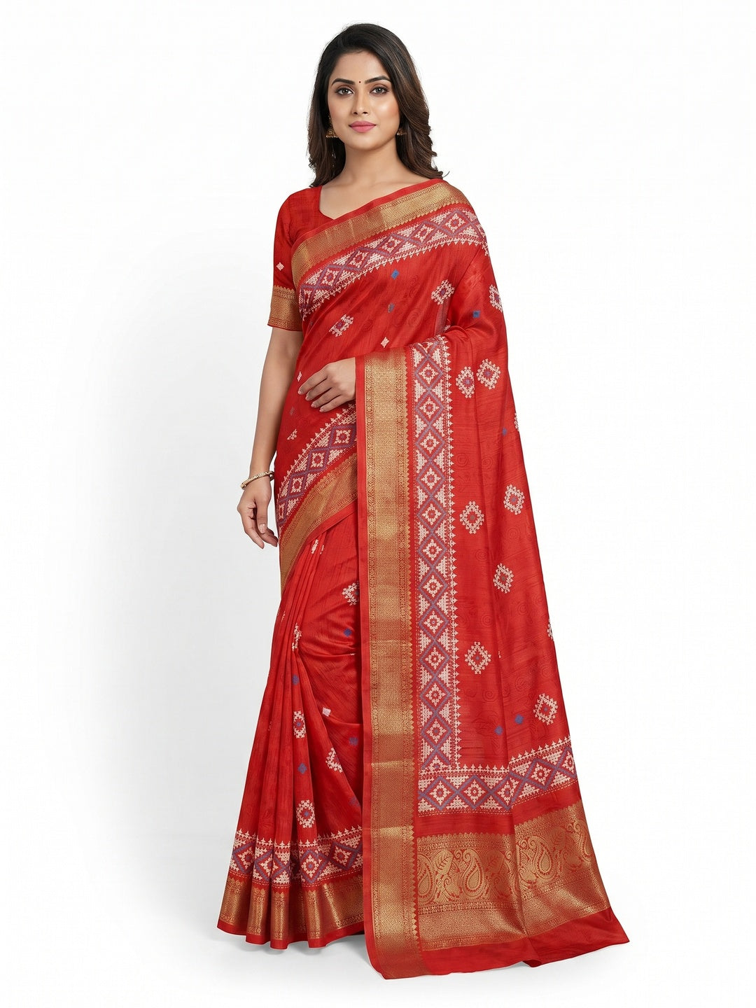 Red Printed With Mirror Work Crepe Saree With Tassels - Image 1