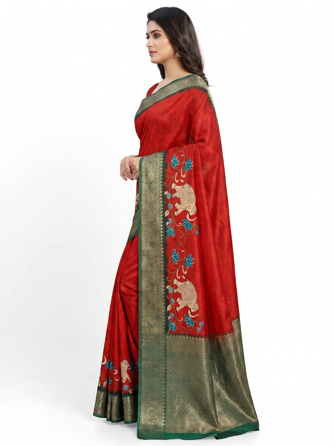 Red Printed Dola Silk Saree - Image 3