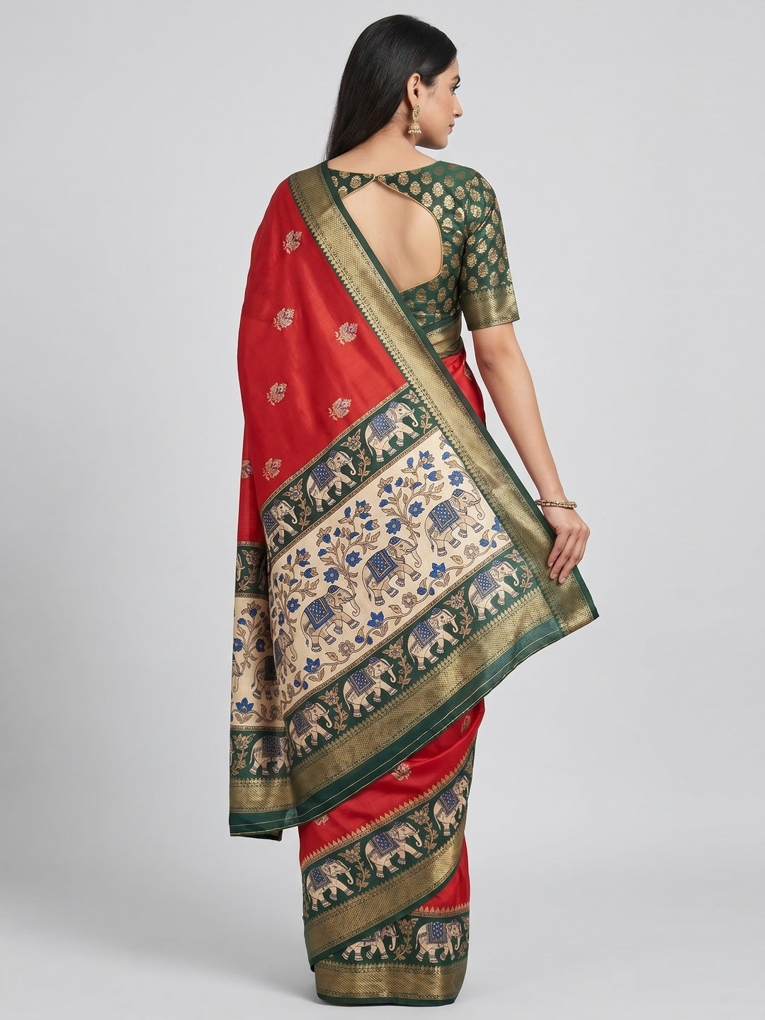 Red Printed Dola Silk Saree - Image 2