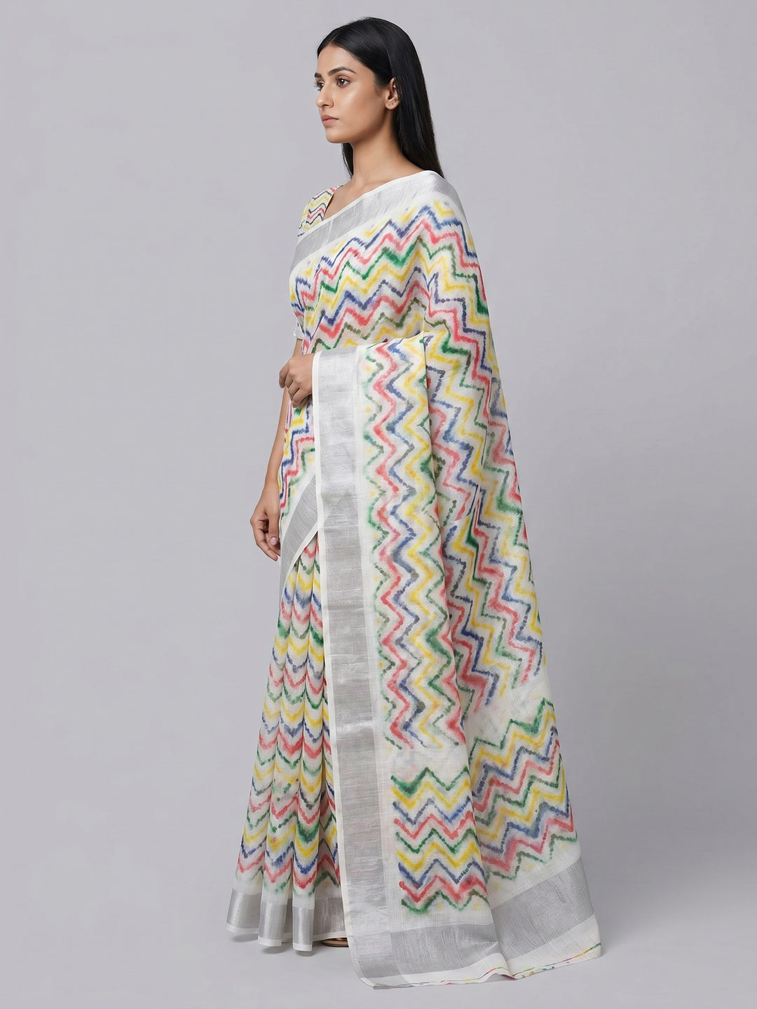Multicolor Printed Soft Linen Saree - Image 4