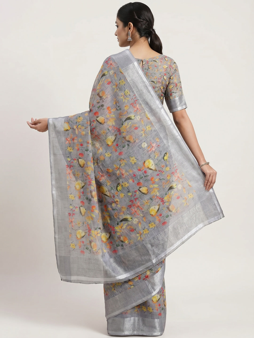 Grey Printed Soft Linen Saree - Image 2
