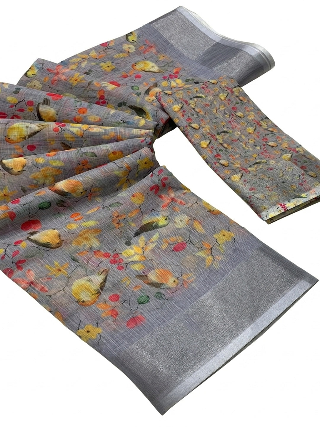 Grey Printed Soft Linen Saree - Image 3