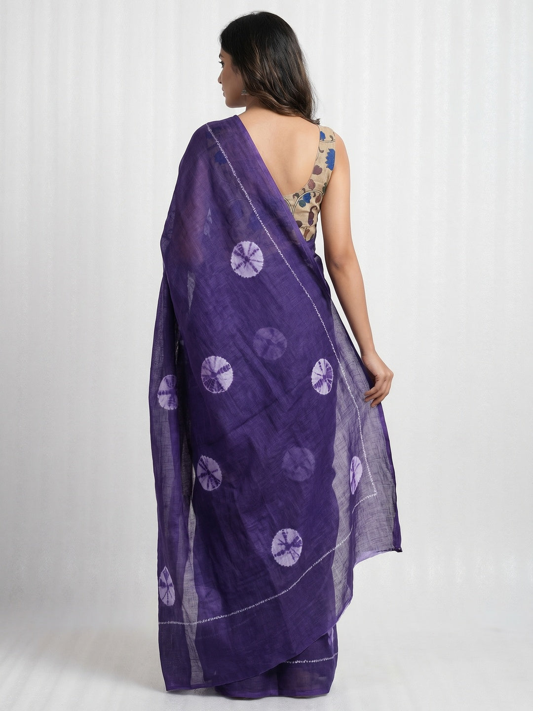 Purple Batik Printed Linen Saree - Image 2