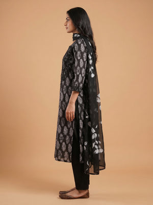 Black Printed With Embroidery Pure Cotton Dress Material - Image 1