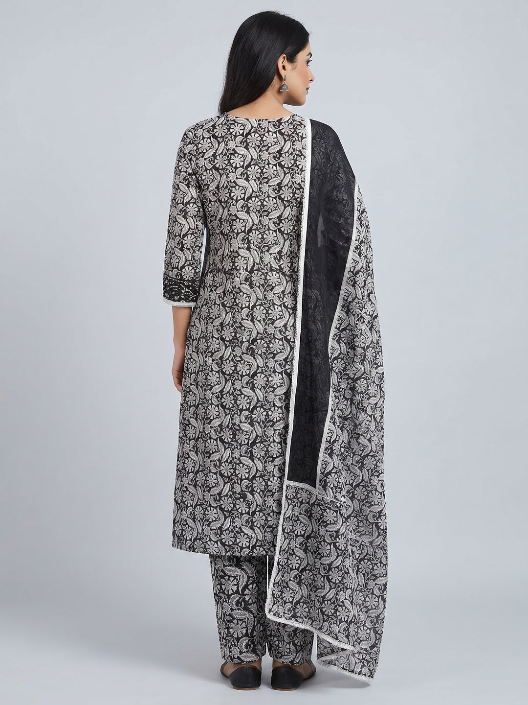 Black Printed With Embroidery Pure Cotton Dress Material - Image 2