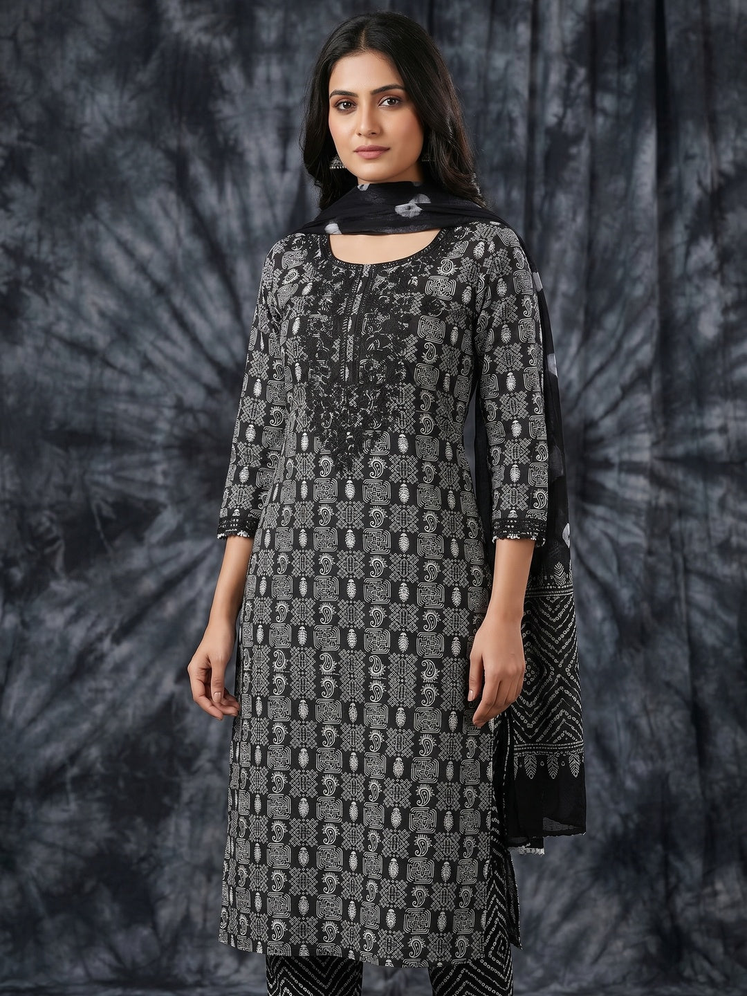 Black Printed With Embroidery Pure Cotton Dress Material - Image 1
