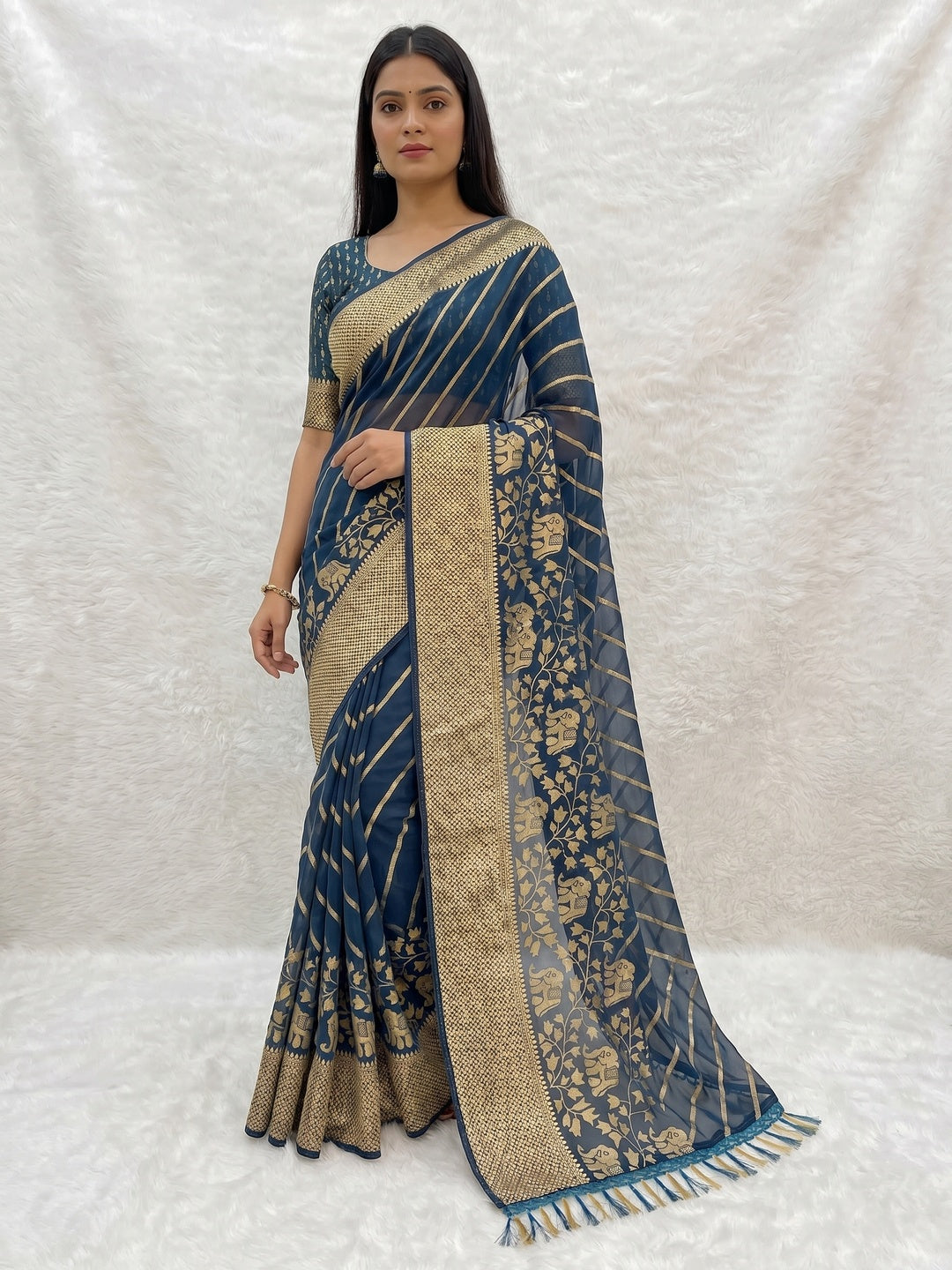 Navy Blue Striped Foil Printed Georgette Saree With Tassels - Image 1
