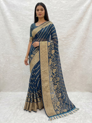 Navy Blue Striped Foil Printed Georgette Saree With Tassels - Image 1