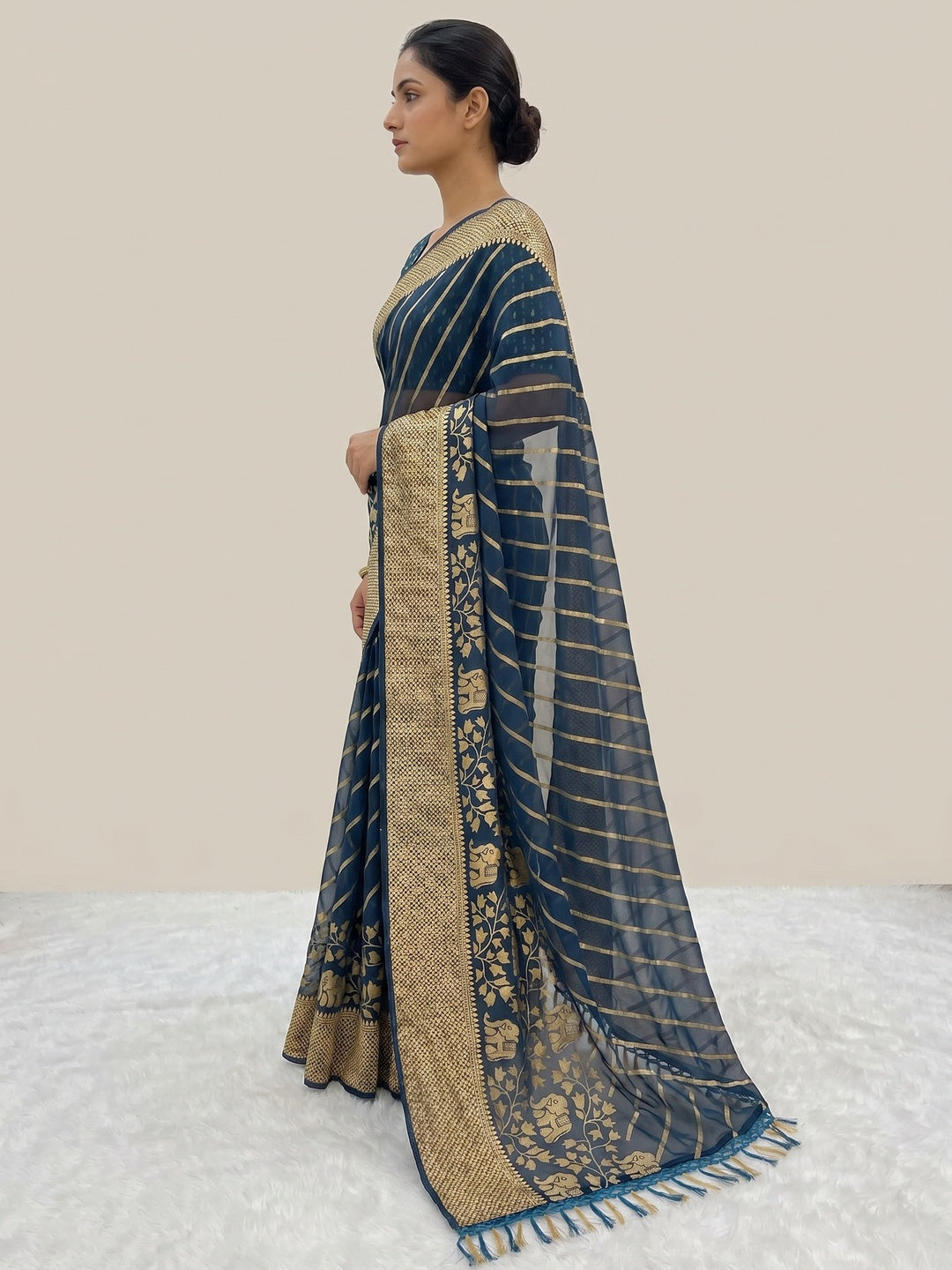 Navy Blue Striped Foil Printed Georgette Saree With Tassels - Image 4
