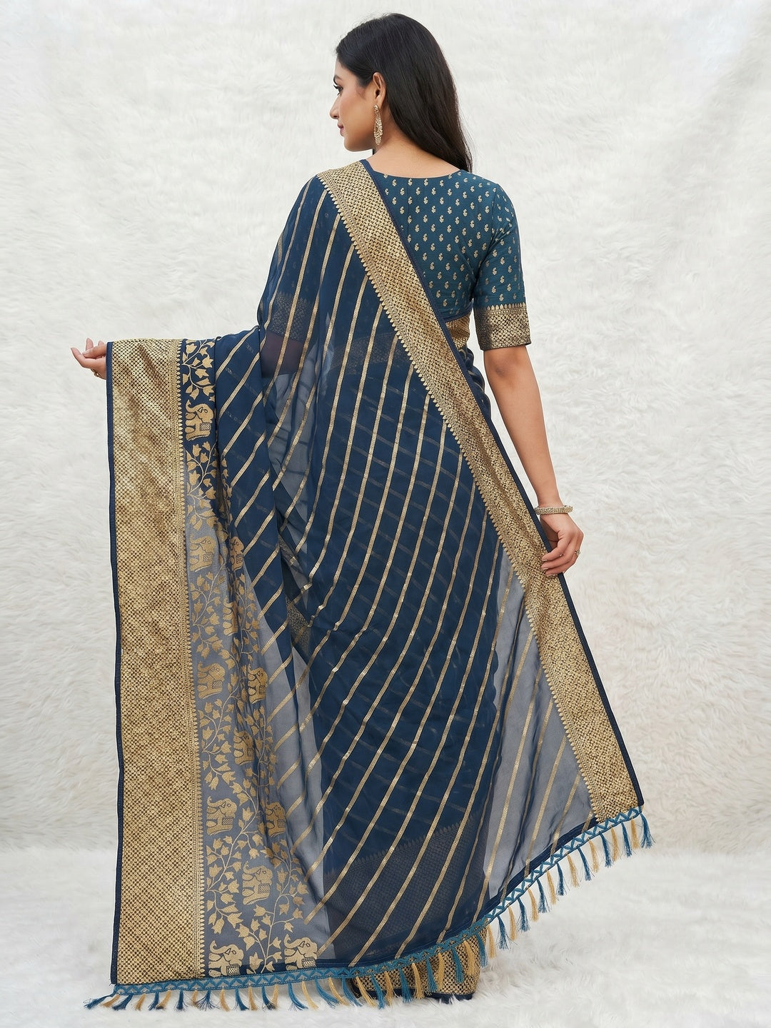 Navy Blue Striped Foil Printed Georgette Saree With Tassels - Image 3