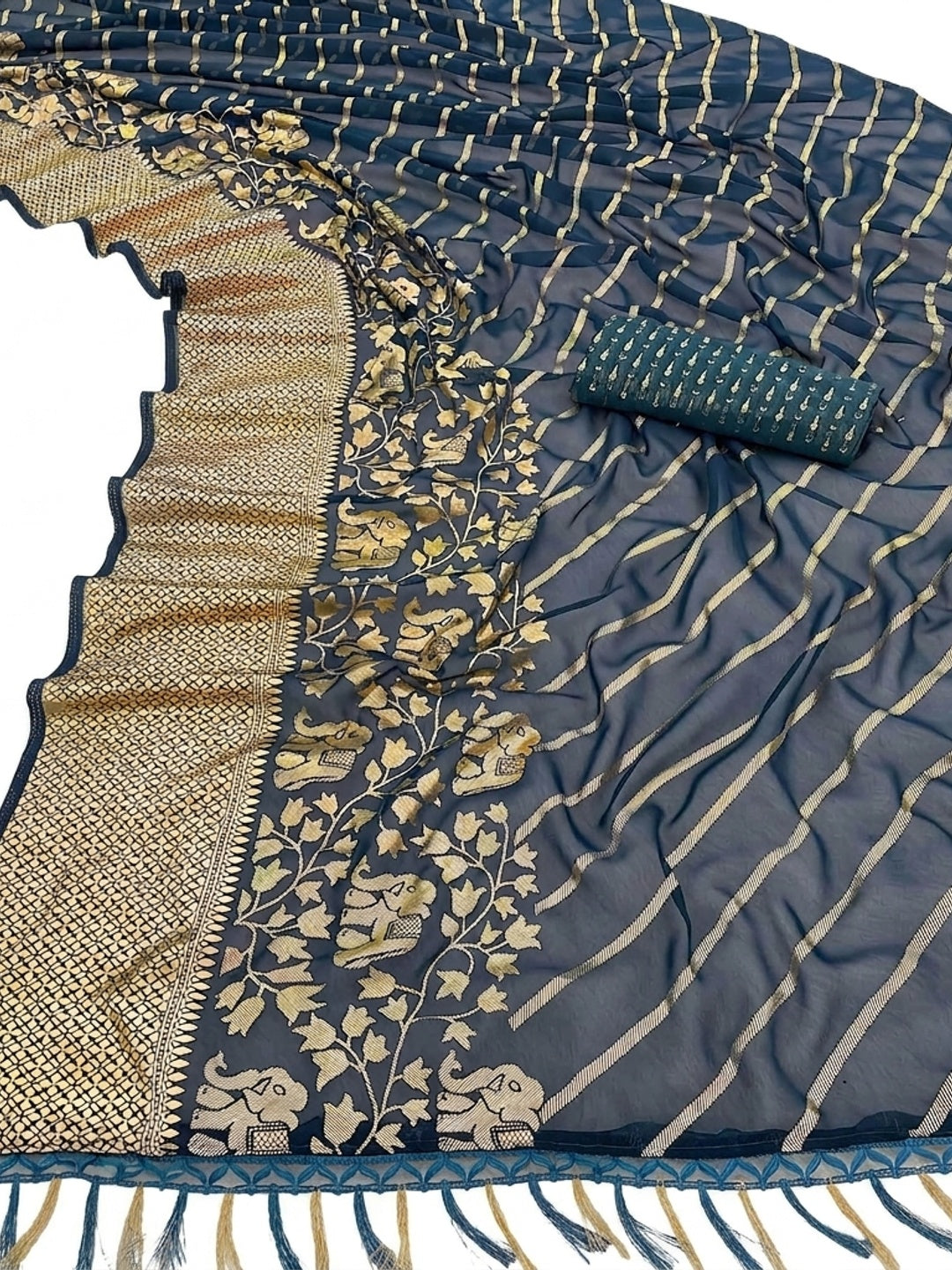 Navy Blue Striped Foil Printed Georgette Saree With Tassels - Image 2